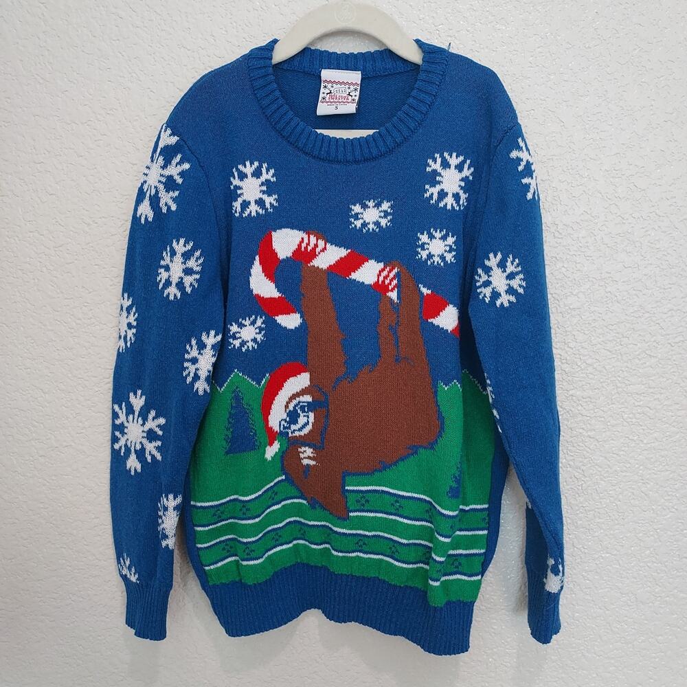 Holiday Sweater Sloth Blue Christmas Xmas Knit Crewneck Size S Fits 6-8 Years